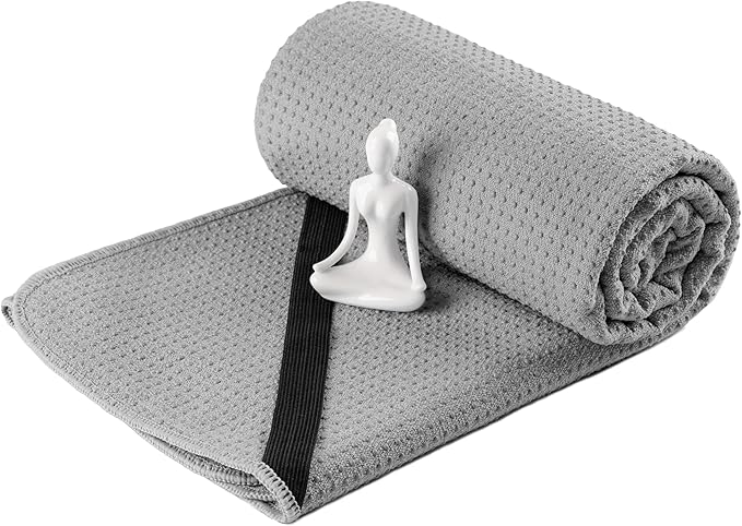 Microfiber Hot Yoga Towel Mat, 24 x 72 inches, with Non-Slip Silicone Grip, Secure Fit Elastic Straps (Gray)