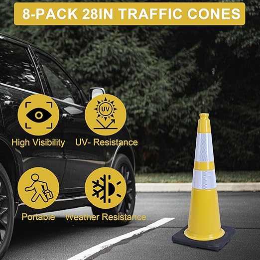OrangeStar 8-Pack 28" Traffic Cones, Yellow Safety Cones with Reflective Collars, Heavy Duty Base for Construction, Parking Lot, Road Work, Flexible PVC, Indoor & Outdoor Use