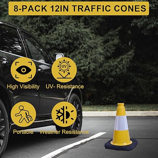 OrangeStar 8-Pack 12" Traffic Cones, Yellow Safety Cones with Reflective Collar, Weighted Base for Driving Practice, Parking Lots, Construction, Flexible PVC, Indoor & Outdoor Use