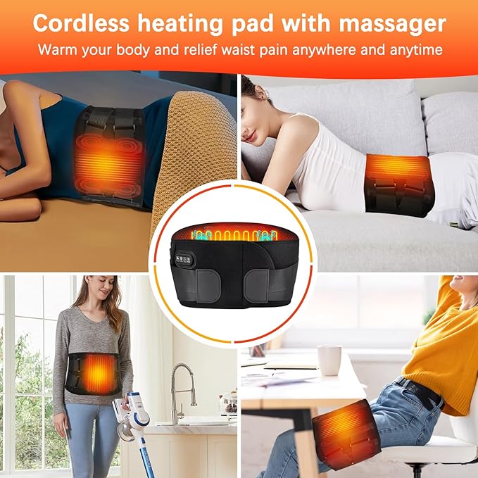 60” Cordless Heating Pad Back Brace with Heat and Massage for Back Pain Relief, Portable Rechargeable 10000mAh Battery Lower Back Massager Lumbar Support Belt, Father's Day Gifts for Dad Men Women