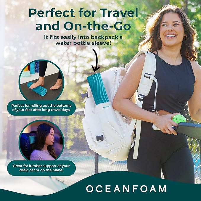 Oceanfoam Ripple Travel Foam Roller (11" x 3.35") Firm Mini Foam Roller for Physical Therapy, Deep Tissue Massage, Back Pain, High Density, Ergonomic Wave Textured, Yoga, Pilate, Exercise (Miami Blue)