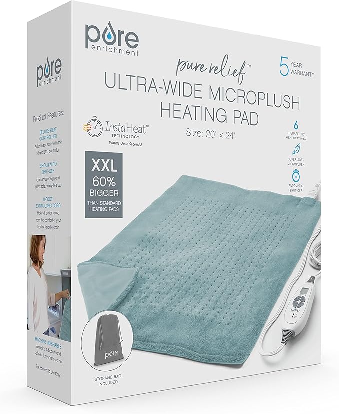 Pure Enrichment PureRelief Ultra-Wide Microplush Heating Pad - 20” x 24” XXL Size & 6 Heat Settings for Temporary Neck, Shoulder & Back Pain Relief - Moist Heat Option & Machine Washable (Sea Glass)
