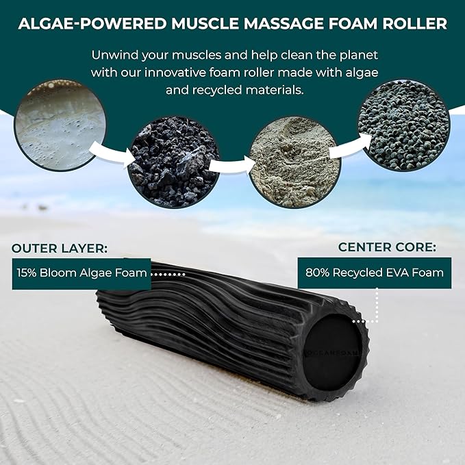 Oceanfoam Tidal Roller - Black & Charcoal Marbled - Muscle Massage Foam Roller for Back Pain & Stretching - Firm and Ergonomic Wide Wave Textured - Yoga, Athletics, & Wellness - Full Size, 20" x 5"