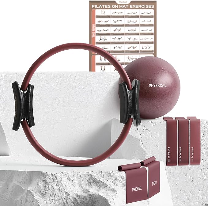 Pilates Kit, 15-Inch Pilates Ring with 1x Core Ball, 3X Resistant Loops and 2X Flex Bands, Home Pilates on Mat Essential Kit