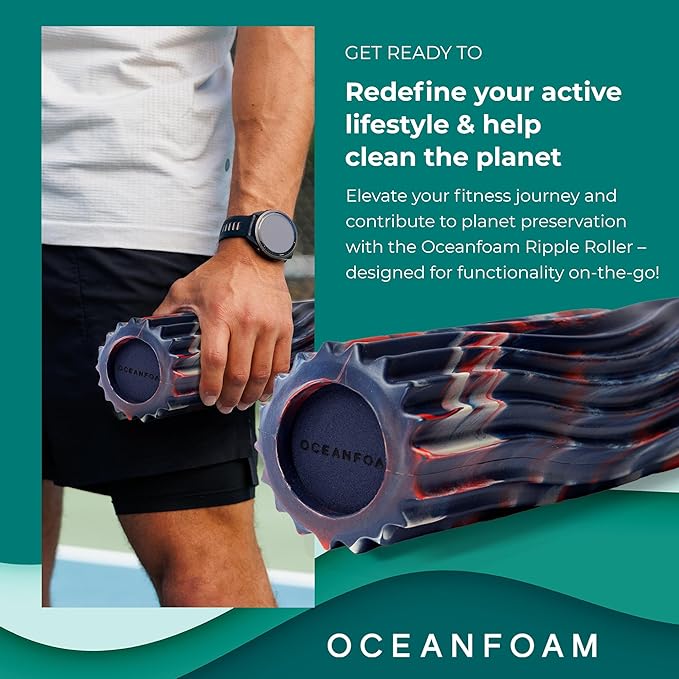 Oceanfoam Ripple Travel Foam Roller (11" x 3.35") Firm Mini Foam Roller for Physical Therapy, Deep Tissue Massage, Back Pain - High Density, Wave Textured - Yoga (Red, Dark Navy & Natural Marbled)