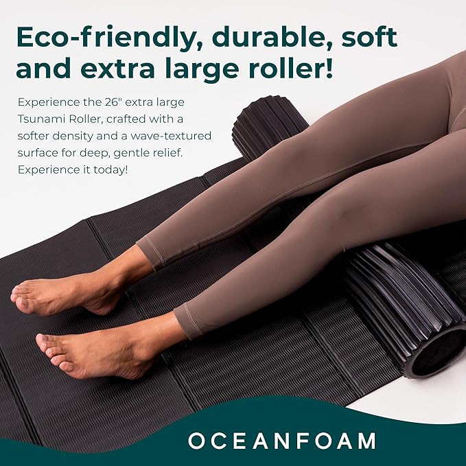 Oceanfoam Tsunami Roller (Black Marbled) - Soft, Textured Foam Roller for Physical Therapy, Back Pain, Excercise & Stretching - Wave Textured - Yoga, Athletics, Wellness - Extra-Large 26" x 5.9"