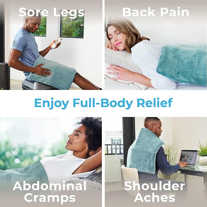 Pure Enrichment PureRelief Ultra-Wide Microplush Heating Pad - 20” x 24” XXL Size & 6 Heat Settings for Temporary Neck, Shoulder & Back Pain Relief - Moist Heat Option & Machine Washable (Sea Glass)