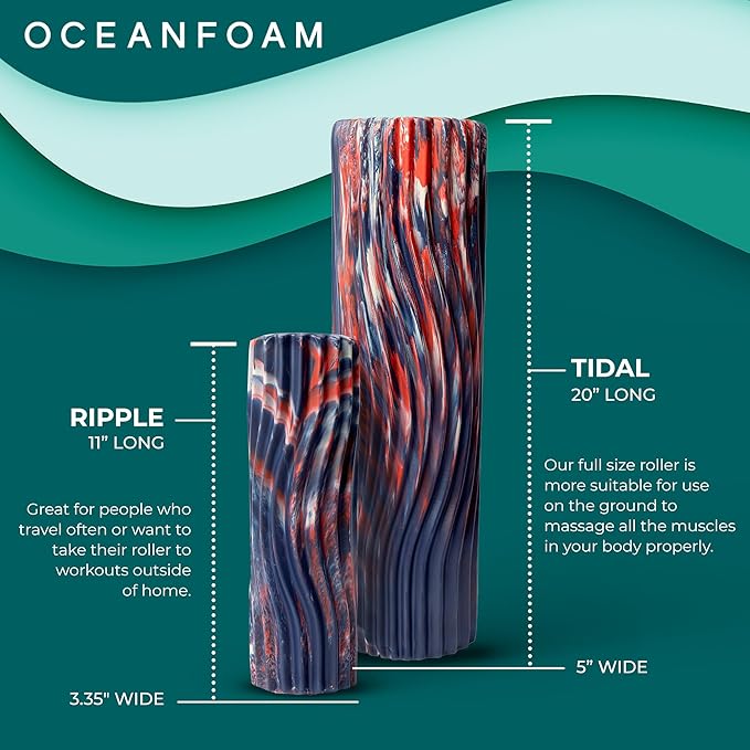 Oceanfoam Tidal Roller - Red, Dark Navy & Natural Marbled - Muscle Massage Foam Roller for Back Pain & Stretching - Firm & Ergonomic Wide Wave Textured - Yoga, Athletics, Wellness - Full Size 20" x 5"