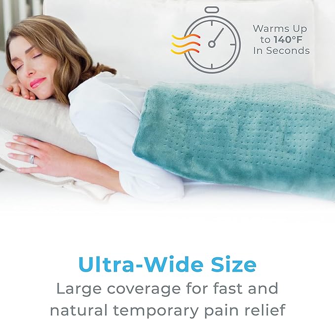 Pure Enrichment PureRelief Ultra-Wide Microplush Heating Pad - 20” x 24” XXL Size & 6 Heat Settings for Temporary Neck, Shoulder & Back Pain Relief - Moist Heat Option & Machine Washable (Sea Glass)