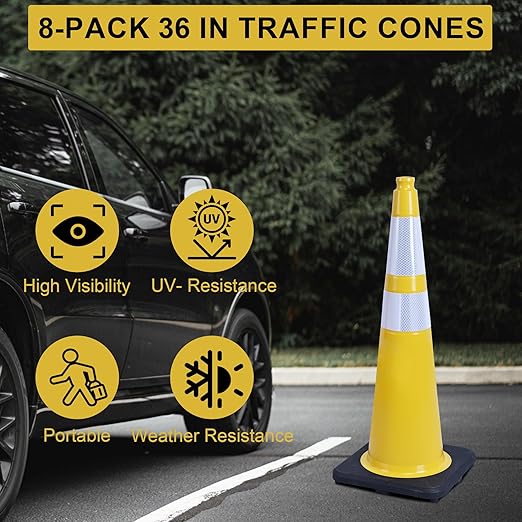 OrangeStar 8-Pack 36" Yellow Traffic Cones with Weighted Rubber Base, 2 Reflective Collars, Large Safety Cones for Parking Lot, Road Construction, Warehouse, Highway, Weatherproof PVC