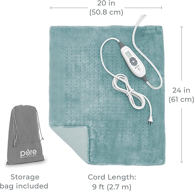 Pure Enrichment PureRelief Ultra-Wide Microplush Heating Pad - 20” x 24” XXL Size & 6 Heat Settings for Temporary Neck, Shoulder & Back Pain Relief - Moist Heat Option & Machine Washable (Sea Glass)