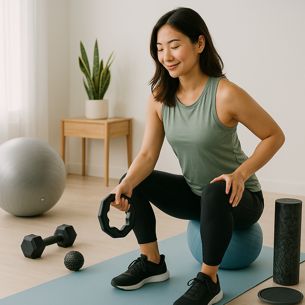 Young woman sitting on a yoga mat in a bright home fitness room, using push-up bars for a gentle stretch with a calm expression, surrounded by minimal workout equipment.