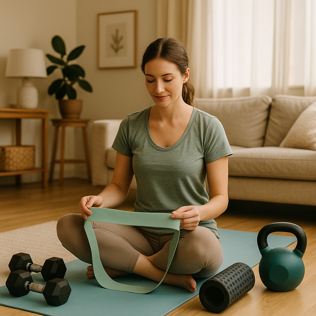 A beginner-friendly home workout space with a yoga mat, dumbbells, and resistance bands arranged neatly in bright natural light — Revivo Fitness.