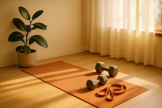 A minimalist home workout corner with a yoga mat, dumbbells, and resistance bands in morning light for daily movement — Revivo Fitness.
