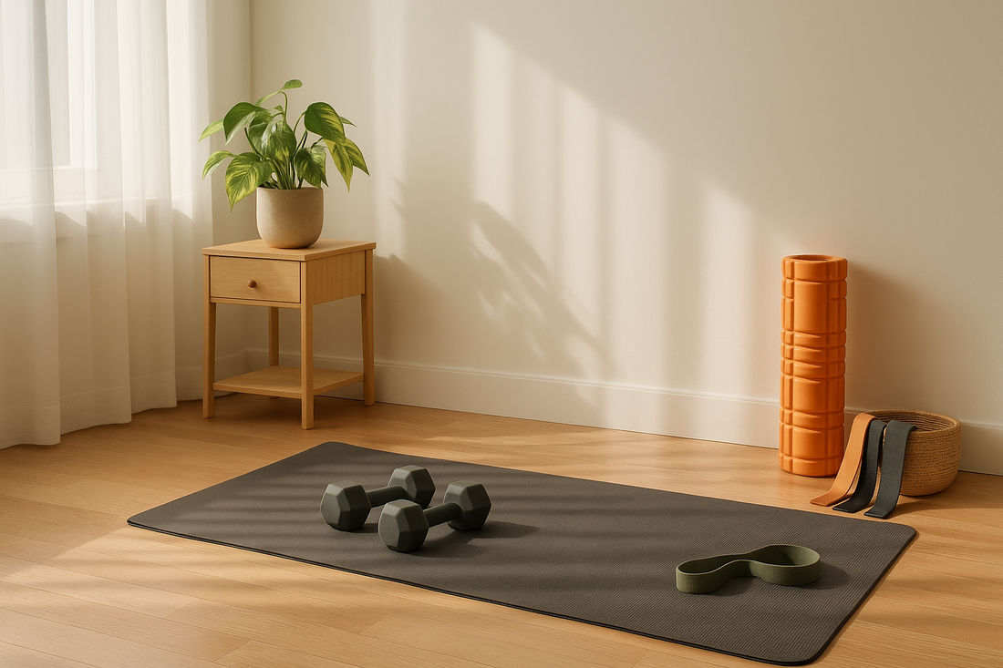 A warm minimalist home fitness corner with mat, dumbbells, and recovery tools in natural morning light — Revivo Fitness.