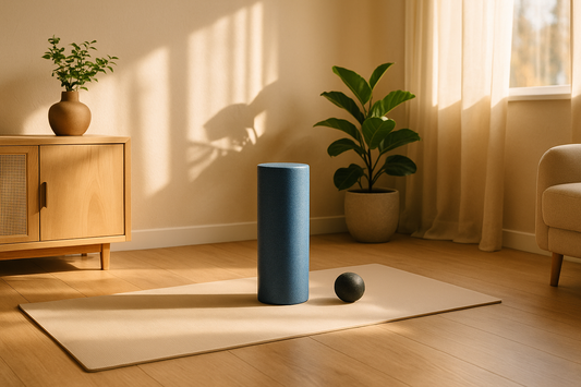 A peaceful home recovery corner with a yoga mat, foam roller, and massage ball under warm natural morning light — Revivo Fitness.