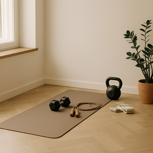 A bright minimalist home workout corner with a yoga mat, dumbbells, and resistance bands for a daily fitness routine — Revivo Fitness.