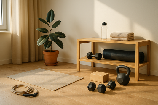 A cozy minimalist home fitness corner with a yoga mat, dumbbells, kettlebell, and jump rope in warm morning sunlight — Revivo Fitness.