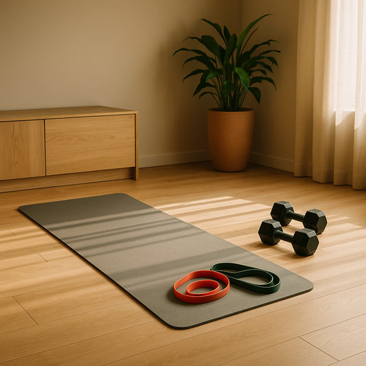 A minimalist home fitness corner in bright morning light featuring a yoga mat, dumbbells, and resistance bands for daily workouts — Revivo Fitness.
