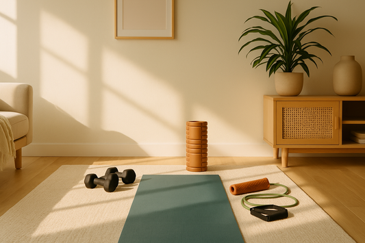 A bright minimalist home workout space with yoga mat, dumbbells, and recovery tools in soft morning light — Revivo Fitness.