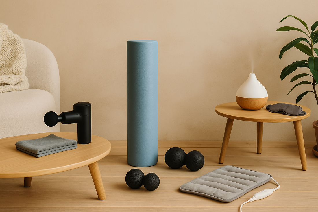 A minimalist home recovery setup with a foam roller, massage balls, and yoga mat in warm natural lighting for post-workout muscle relief — Revivo Fitness.