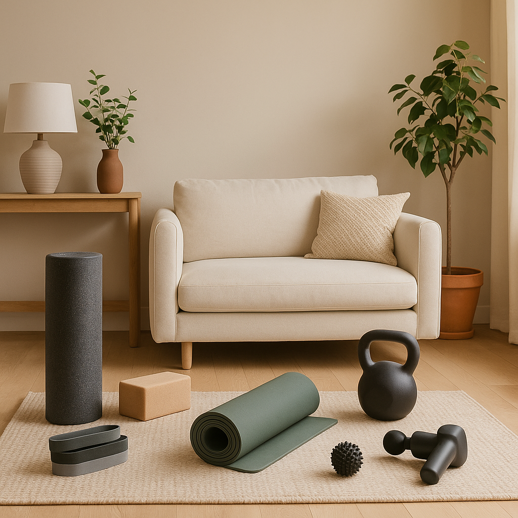 A minimalist home workout space with a yoga mat, dumbbells, and resistance bands arranged neatly in natural light for a sustainable fitness routine — Revivo Fitness.