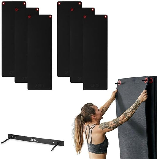 SPRI Hanging Bulk Fitness Mats + Rack, 15mm, 56” x 23" Black, 6 Pack, Closed-Cell Foam Bulk Yoga Mats for Gyms, Dance Studios, Ballet, Low-Impact Training & Commercial Spaces, Reinforced Grommets