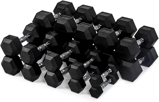 Titan Fitness Rubber Hex Dumbbells, 5 LB-50 LB Set of Pairs, Roll-Resistant Hexagonal Free Weights, Hex Dumbbell Set with Chrome-Coated Handles, Free Weight Set, Strength Training Equipment