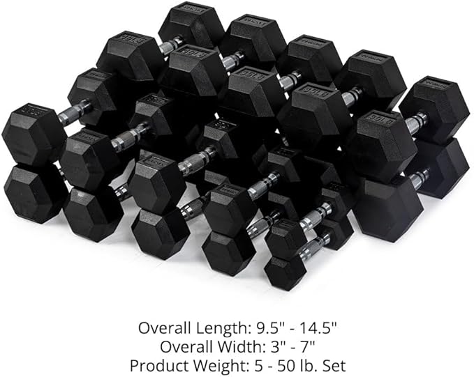 Titan Fitness Rubber Hex Dumbbells, 5 LB-50 LB Set of Pairs, Roll-Resistant Hexagonal Free Weights, Hex Dumbbell Set with Chrome-Coated Handles, Free Weight Set, Strength Training Equipment