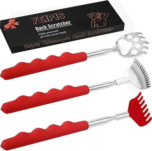 3 Pack Different Back Scratcher Metal Portable Telescoping Back scratchers with Rubber Handles, Extendable Back Massager Tool with Box, Stocking Stuffers for Men Women Kids Adults（Red）
