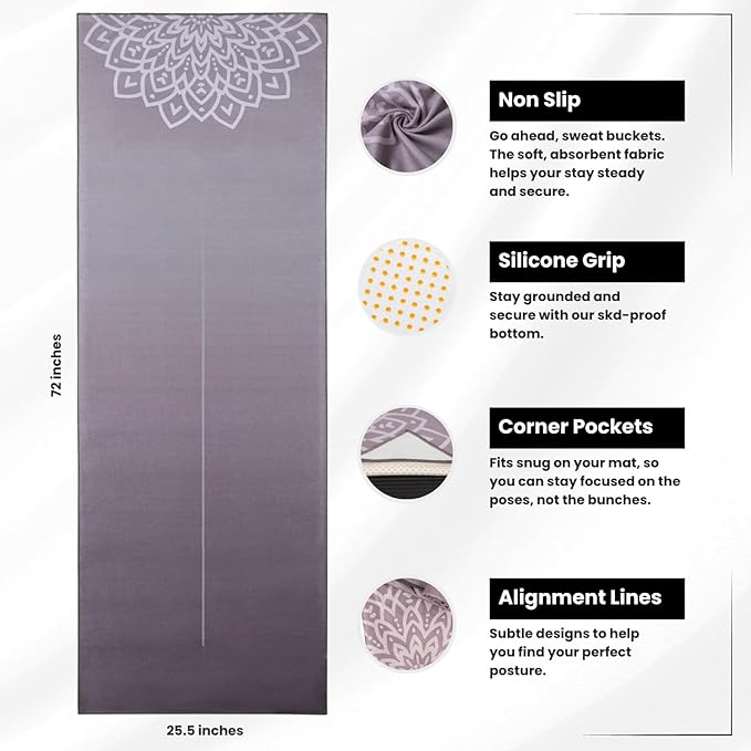 Yoga Grip Yoga Towel - Non Slip Hot Yoga Mat Towel With Corner Pockets, No-Skid Grip, and Built-in Alignment Lines | Soft, Moisture Wicking, and Sweat Absorbent | No Bunching, Stays in Place 72" x 25"