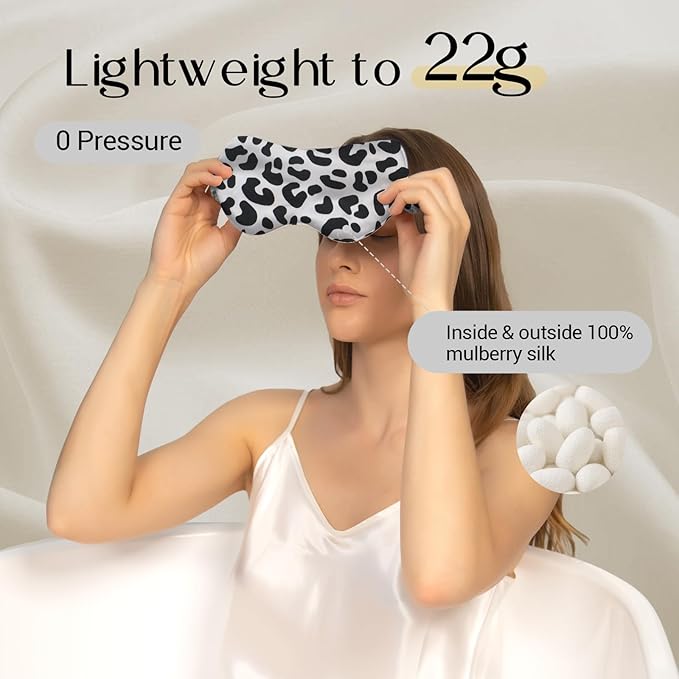 ZIMASILK Adjustable 100% 22 Momme Mulberry Silk Sleep Mask for Sleeping, Filled with Premium Mulberry Silk, Softest & Breathable Eye Sleeping Mask (Leopard - Black White)