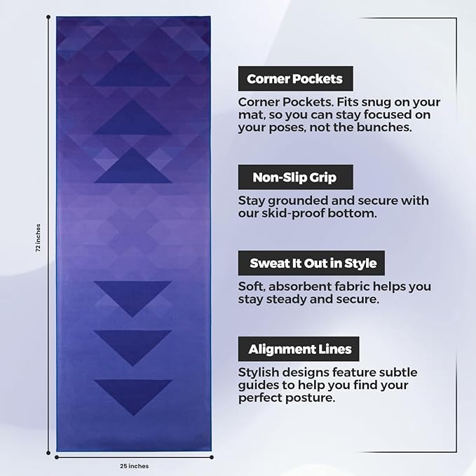 Yoga Grip Yoga Towel - Non Slip Hot Yoga Mat Towel With Corner Pockets, No-Skid Grip, and Built-in Alignment Lines | Soft, Moisture Wicking, and Sweat Absorbent | No Bunching, Stays in Place 72" x 25"