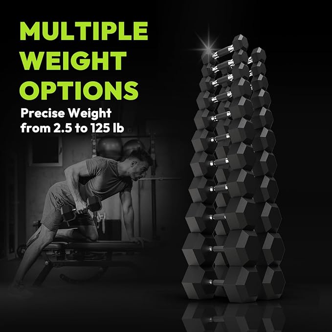 Hex Dumbbell 40-125 lb, Rubber Encased Exercise & Fitness Dumbbells, Hand Weight for Strength Training
