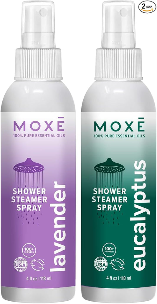 MOXE Shower Mist, Spa Steam Spray, Certified Natural Essential Oils, Aromatherapy, Calming Relief (Lavander and Eucalyptus, 4 Fl Oz (Pack of 2))