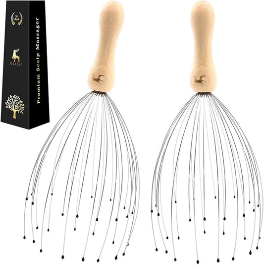 USAGA 28 Finger Head Scratcher, Head Massager, Scalp Massager, Stocking Stuffers Gift for Scalp Body Relaxing Wood Handle (2 Pack)