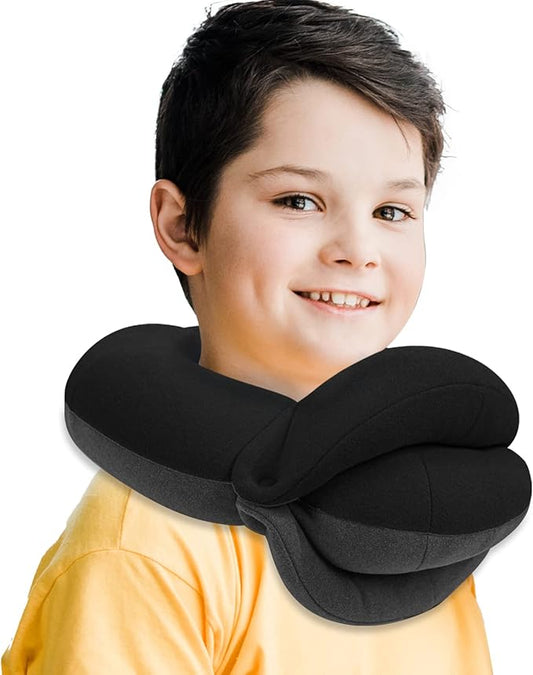 BUYUE Kids Travel Pillows for Airplane, 360° Head Support Sleeping Essentials for Boys Long Flight, Skin-Friendly Soft Neck Pillow for Traveling in Car Seat, (Small, Black Grey, 40-90 lbs)