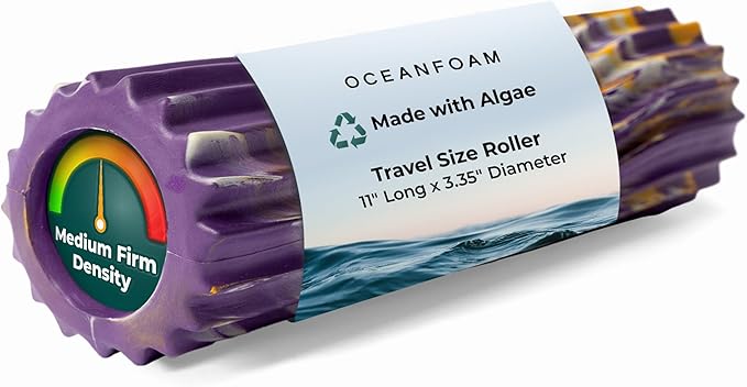 Oceanfoam Ripple Travel Foam Roller (11" x 3.35") Firm Mini Foam Roller for Physical Therapy, Deep Tissue Massage, Back Pain - High Density, Wave Textured - Yoga (Purple, Gold & Natural Marbled)