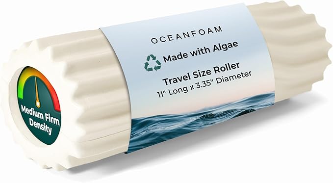 Oceanfoam Ripple Travel Foam Roller (11" x 3.35") Firm Mini Foam Roller for Physical Therapy, Deep Tissue Massage, Back Pain - High Density, Ergonomic Wave Textured - Yoga, Pilates, Exercise (Natural)