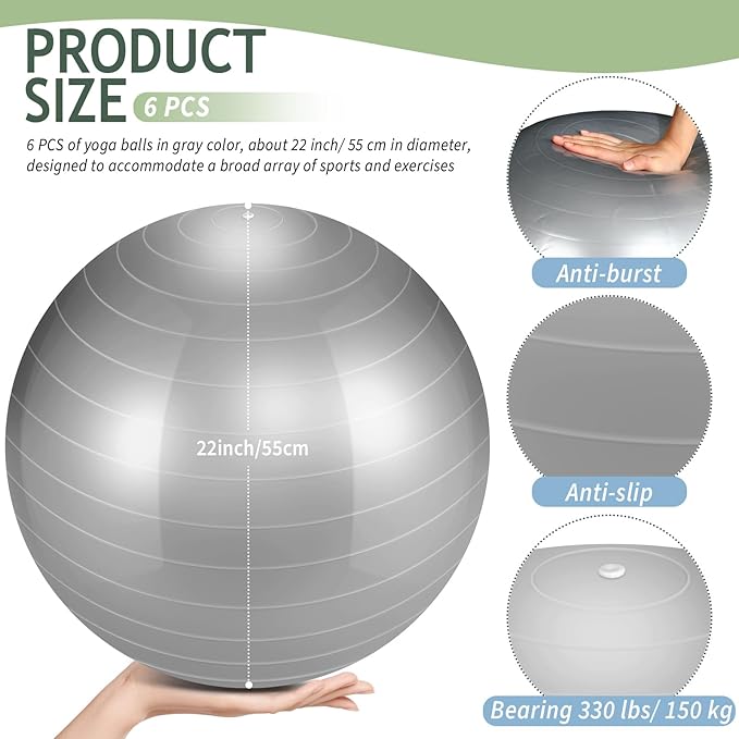 Hungdao 6 Pack Exercise Ball Bulk Inflatable Pregnancy & Workout Ball 22 Inch Heavy Duty Pilates Ball for Yoga Stretching Therapy Balance Physical Fitness