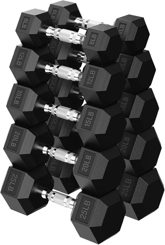 Hex Dumbbell 45-480 lb Set, Rubber Encased Exercise & Fitness Dumbbells for Home Gym, Hand Weights for Strength Training