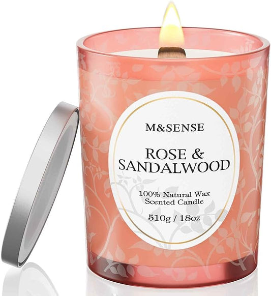M&SENSE Rose Sandalwood Scented Candle, Cracking Wooden Wick Soy Wax, 18oz 100 Hours Long Lasting Clean Burn, Large Jar Candles for Home Decor, Non-Toxic Relaxing Aromatherapy Gifts for Women