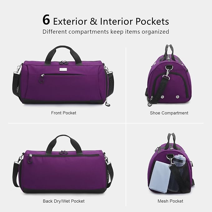 TOPDesign Gym Bag for Women & Men, Unisex Duffel Bag with Shoe Compartment & Wet Pocket for Travel Sports Gym (L Purple)