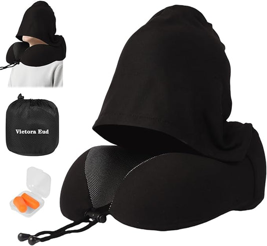 MILKSILK Travel Neck Pillow with Adjustable Hood – 100% Light Blocking Memory Foam Neck Support Pillow for Airplane, Car, Office – Breathable & Portable with Earplug Holder & Carry Bag (Black)