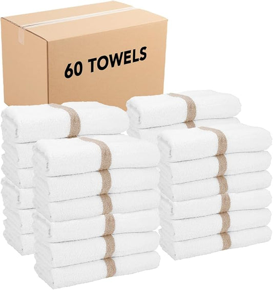 Arkwright White Bath Gym Towel - Case of 60 - Bulk 100% Cotton Soft Quick Dry Sweat Absorbent Hotel Quality Towels for Workout, Bathroom, Spa, Pool, 22 x 44 in, Beige