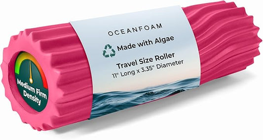Oceanfoam Ripple Travel Foam Roller (11" x 3.35") Firm Mini Foam Roller for Physical Therapy, Deep Tissue Massage, Back Pain - High Density, Ergonomic Wave Textured, Yoga, Pilates, Exercise (Hot Pink)