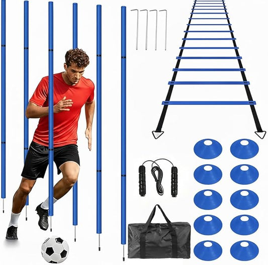 Soccer Agility Training Equipment, 6 Adjustable Soccer Training Agility Poles, 1 Speed Agility Ladder,10 Soccer Agility Cones for Training, 1 Jump Rope + Storage Bag for Youth Soccer Drills
