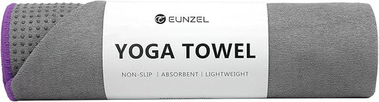 Eunzel Hot Yoga Towel - Microfiber Non Slip Yoga Mat Towel with Grip Dot Sweat Absorbent Towel for Hot Yoga, Pilates and Fitness 72" x 24", Dark Grey/Purple
