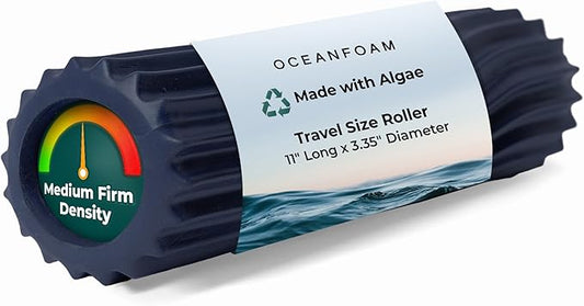 Oceanfoam Ripple Travel Foam Roller (11" x 3.35") Firm Mini Foam Roller for Physical Therapy, Deep Tissue Massage, Back Pain, High Density, Ergonomic Wave Textured, Yoga, Pilates, Exercise (Dark Navy)