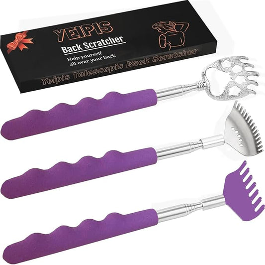 3 Pack Different Back Scratcher Metal Portable Telescoping Back scratchers with Rubber Handles, Extendable Back Massager Tool with Beautiful Box Stocking Stuffers for Men Women（Purple）